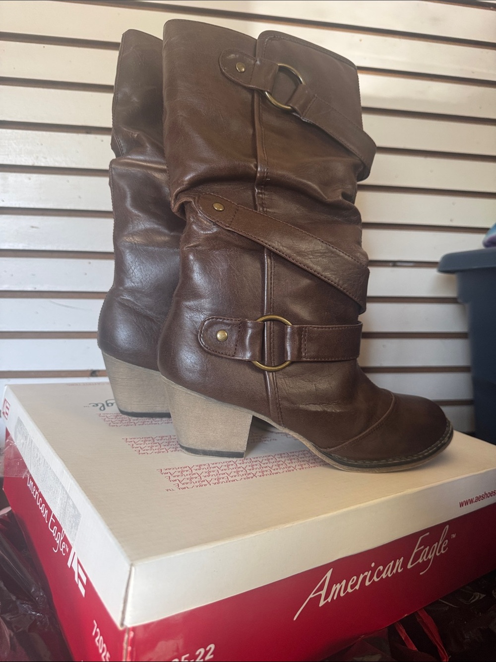 American Eagle Outfitters Brown Mid‑Height Buckle Slouch Boots